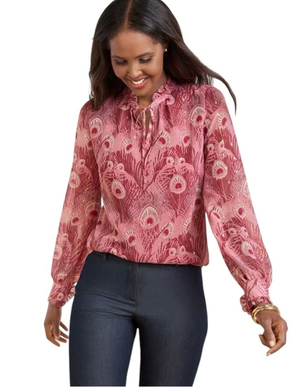 Talbots Raspberry Peony-Print Ruffled V-Neck Blouse - Picture 2 of 7